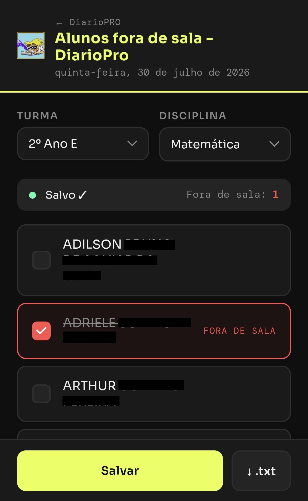 Ferramenta de alunos fora de sala no celular